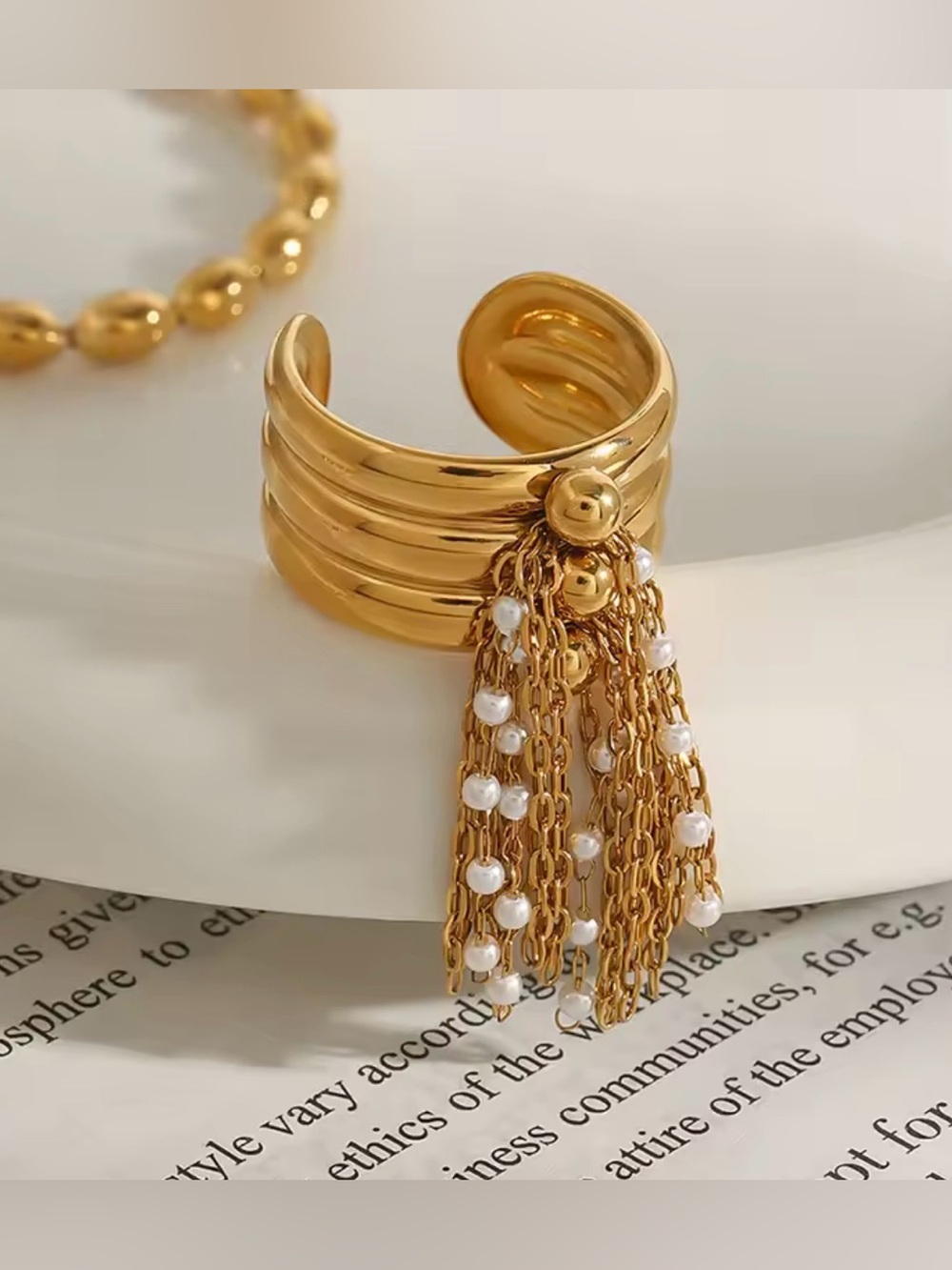 Gold Pearl Tassel Adjustable Band Ring - Picture 6 of 6